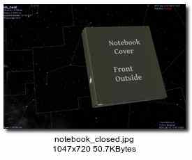 A closed notebook floating somewhere in space.