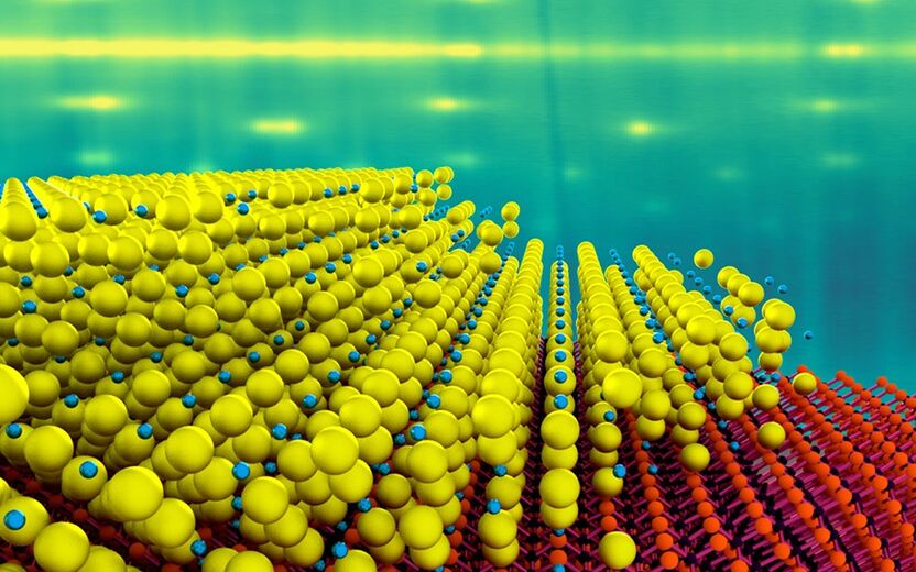 An artist’s conception of the single-crystal alkali antimonides photocathode, which is 10 times more efficient than existing photocathodes. Image courtesy of Christopher Parzyck.