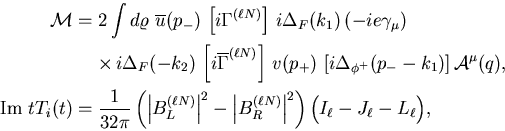 \begin{eqnarray*}
{\cal M}&=&2\int d\varrho\,\,
\overline{u}(p_-)\,\left[i\Gam...
...ll N)}_R\right\vert^2\right)
\Bigl(I_\ell-J_\ell-L_\ell\Bigr),
\end{eqnarray*}