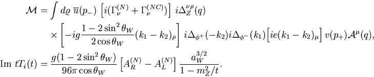 \begin{eqnarray*}
{\cal M}&=&\int d\varrho\,\,
\overline{u}(p_-)\,
\left[i(\G...
...
\left[A_R^{(N)}-A_L^{(N)}\right] \frac{a_W^{3/2}}{1-m_Z^2/t}.
\end{eqnarray*}